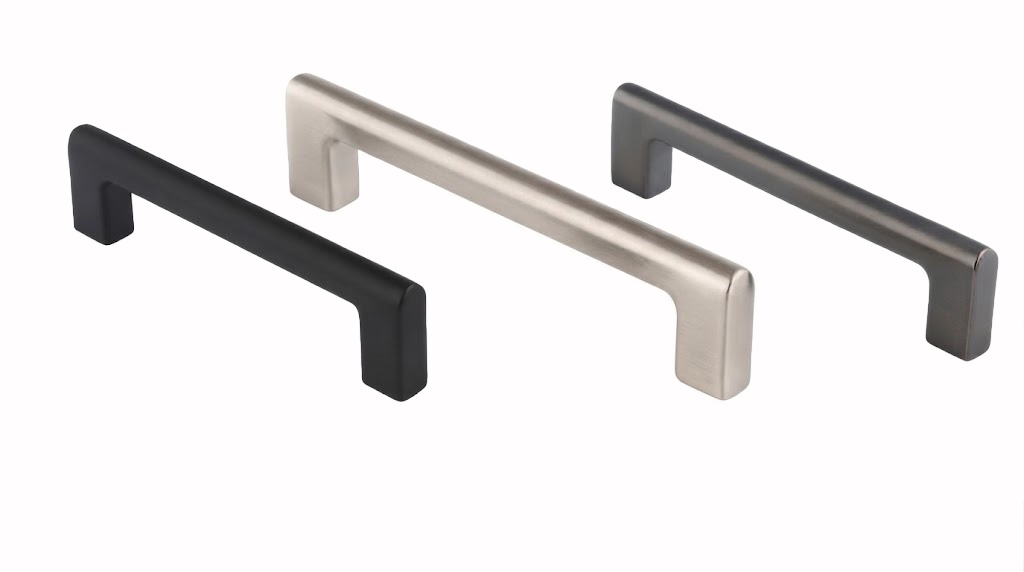Three square tubular cabinet pulls in matte black, brushed nickel and dark nickel